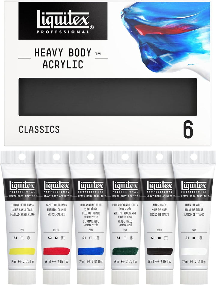 Liquitex 3699311 Acrylfarbe Heavy Body, 6 Acrylfarben in Künstlerqualität, Classic Set, 59 ml (6er P