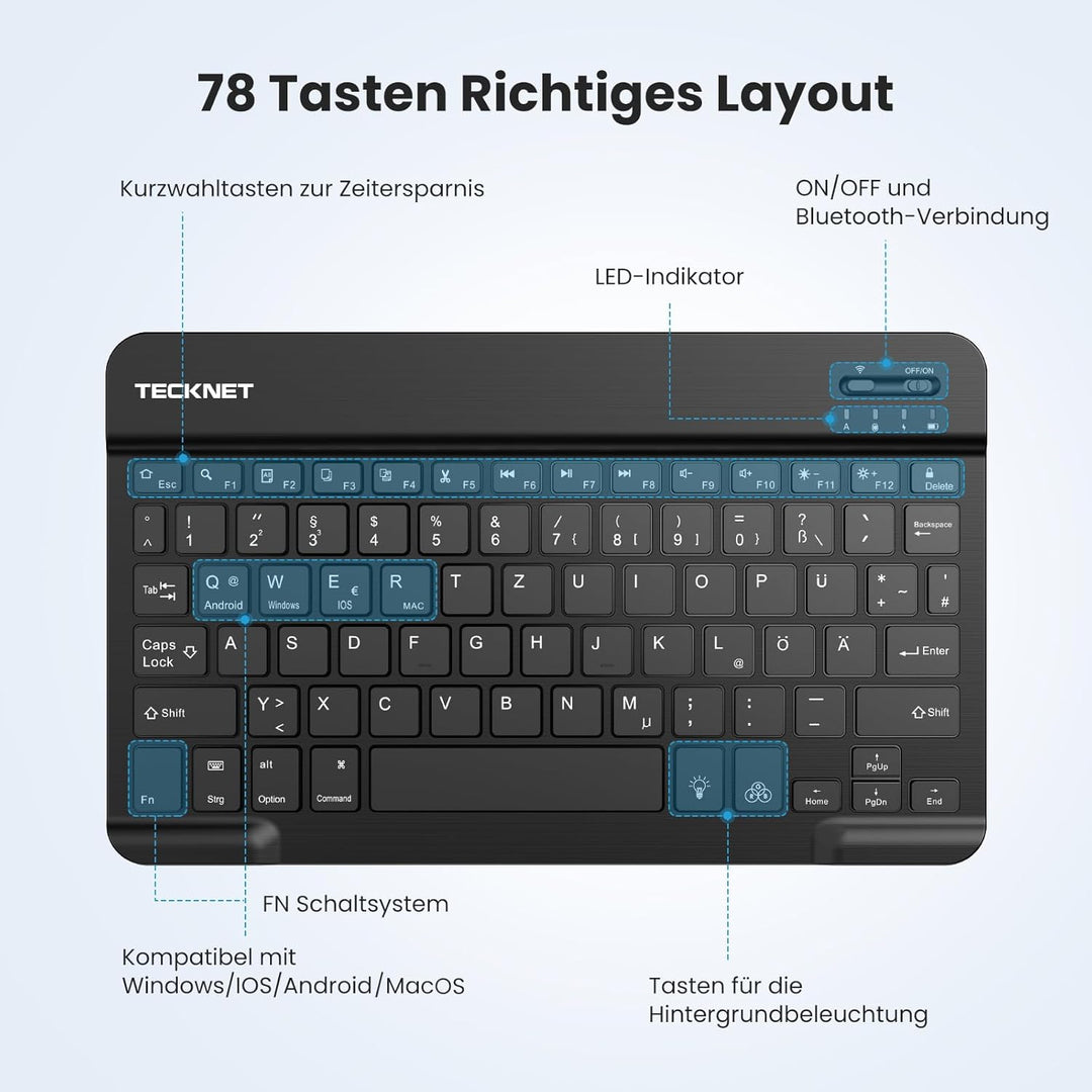 TECKNET Deutsche Bluetooth Tastatur für Tablet/iPad Mini/Pro/Air/10.2/10.9/iPhone/Android/Windows, i