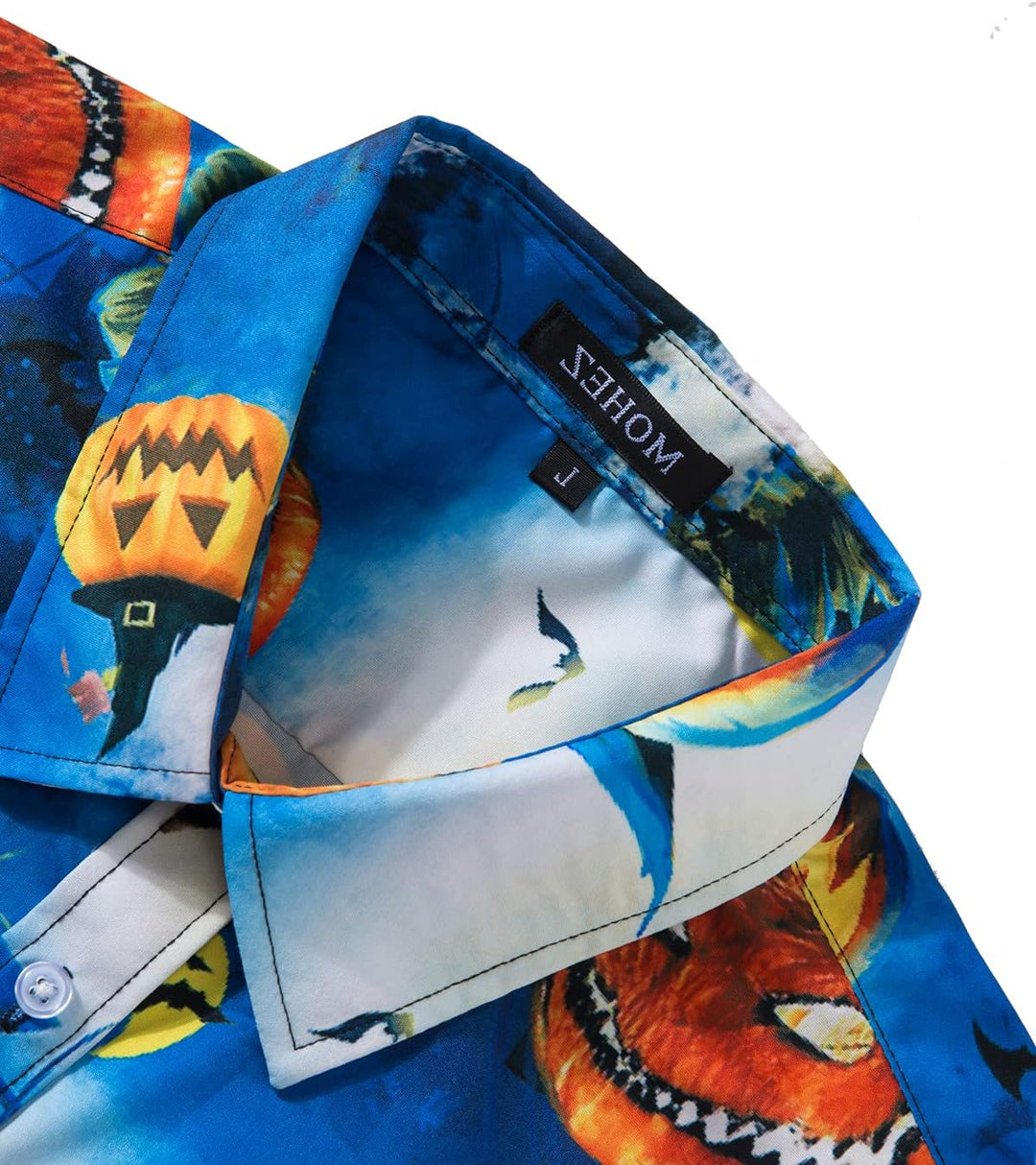 MOHEZ Herren Halloween Hemd Langarm Lustig Funky Kürbis Skull Schädel Druck Kostüm Urlaub Shirt Tops