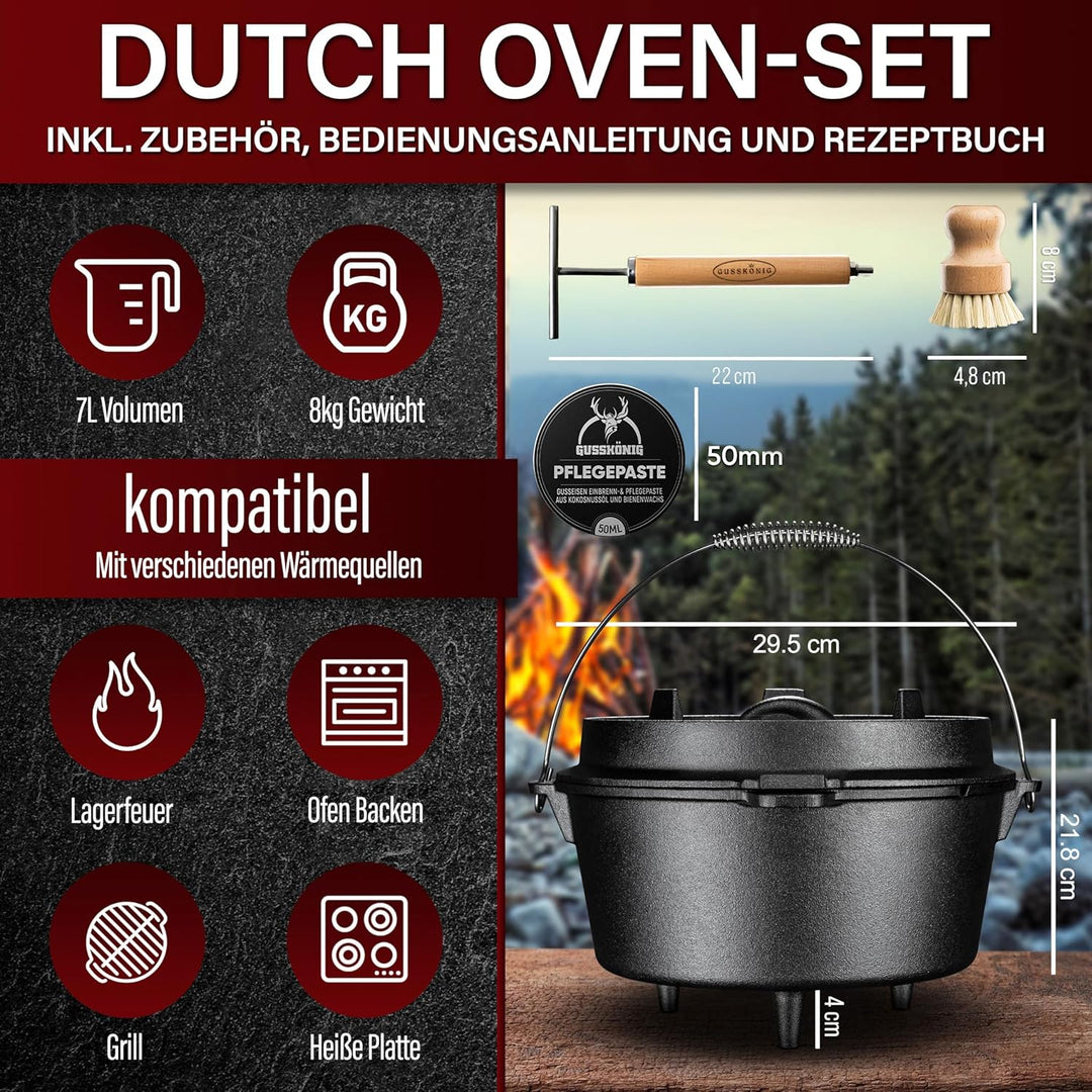 GUSSKÖNIG Dutch Oven Set - Eingebrannter Dutch Oven 7 Liter - Feuertopf Gusseisen mit Füssen - Schmo