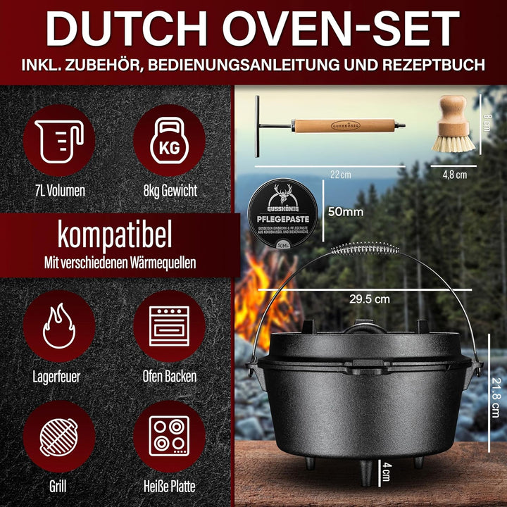 GUSSKÖNIG Dutch Oven Set - Eingebrannter Dutch Oven 7 Liter - Feuertopf Gusseisen mit Füssen - Schmo