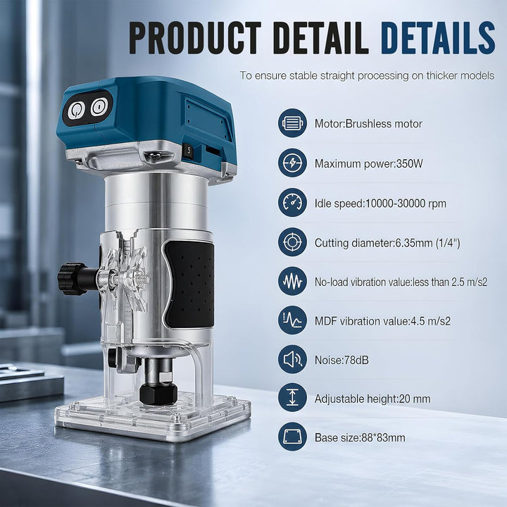 Akku Oberfräse Kompatibel mit Makita 18V Akku, 800W Bürstenloser Trimmer Einhandfräse Kantenfräser,