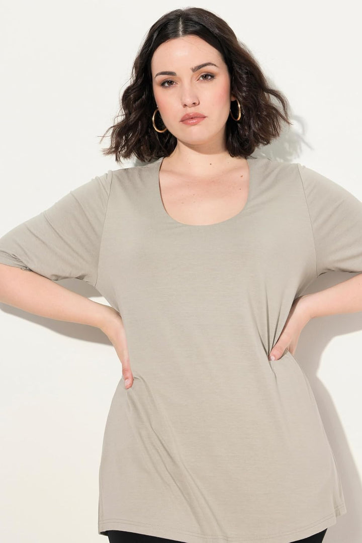 Ulla Popken Damen grosse Grössen Übergrössen Plus Size Shirt 1/2 Arm Doublelayer 820860 42-44 Kitt,