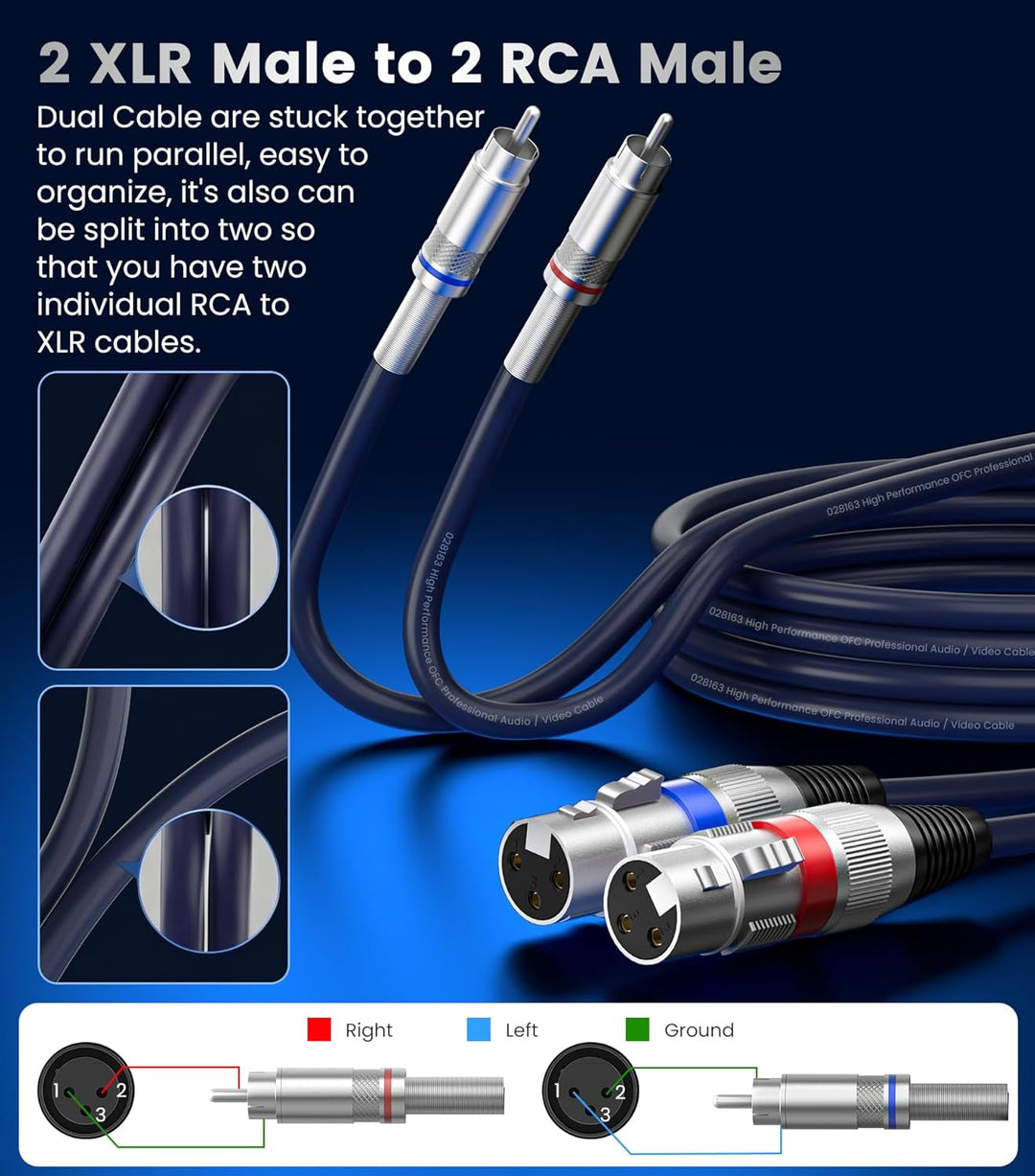 Tisino Doppelte XLR-Buchse auf Cinch-Kabel, Hochleistungskabel, 2 XLR-Buchsen auf 2 Cinch-Stecker, H