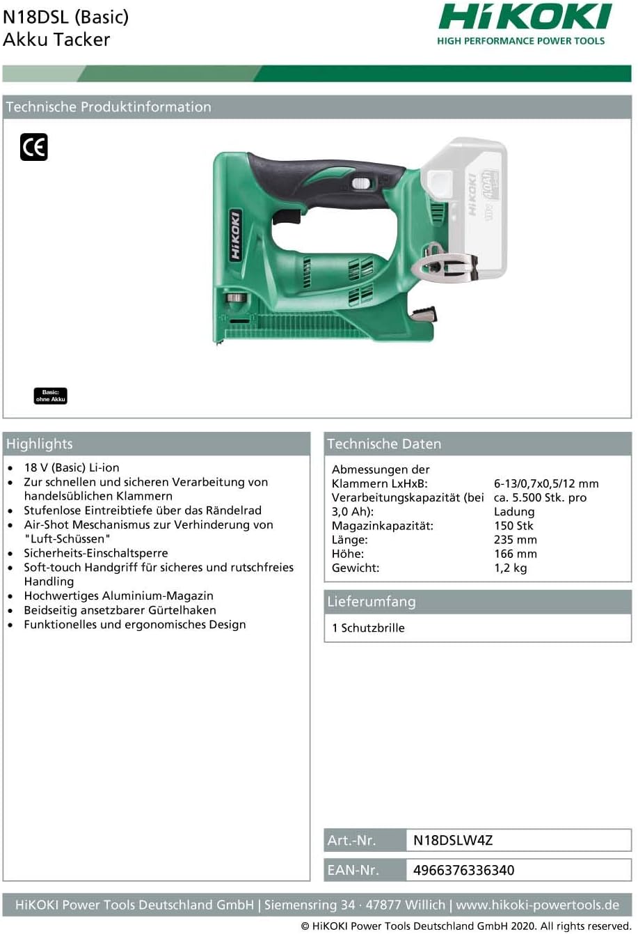 HIKOKI N18DSL, (Basic), Akku Tacker, 18V- Li-ion / 6-13 mm