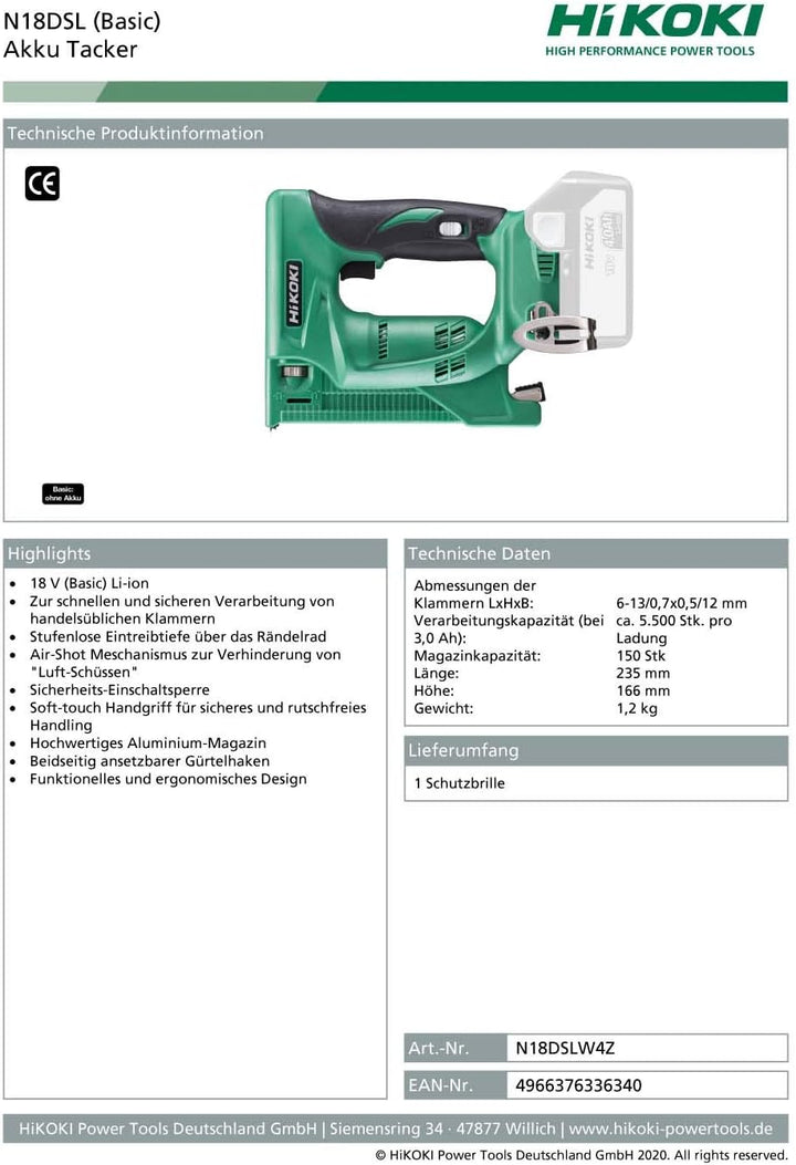 HIKOKI N18DSL, (Basic), Akku Tacker, 18V- Li-ion / 6-13 mm