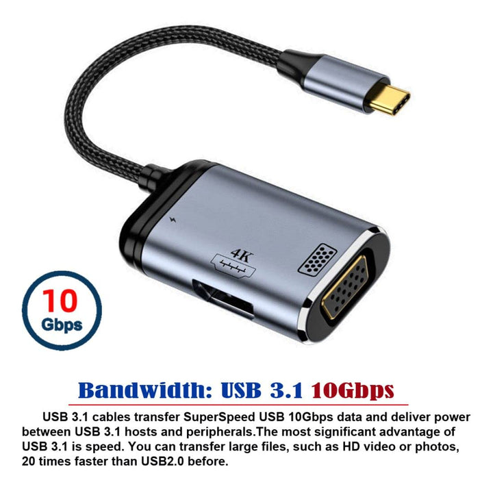 chenyang USB C Hub,3 in 1 USB C auf HDMI 4K@60Hz/VGA 1080P/USB C PD 100W Netzteil Multiport Adapter