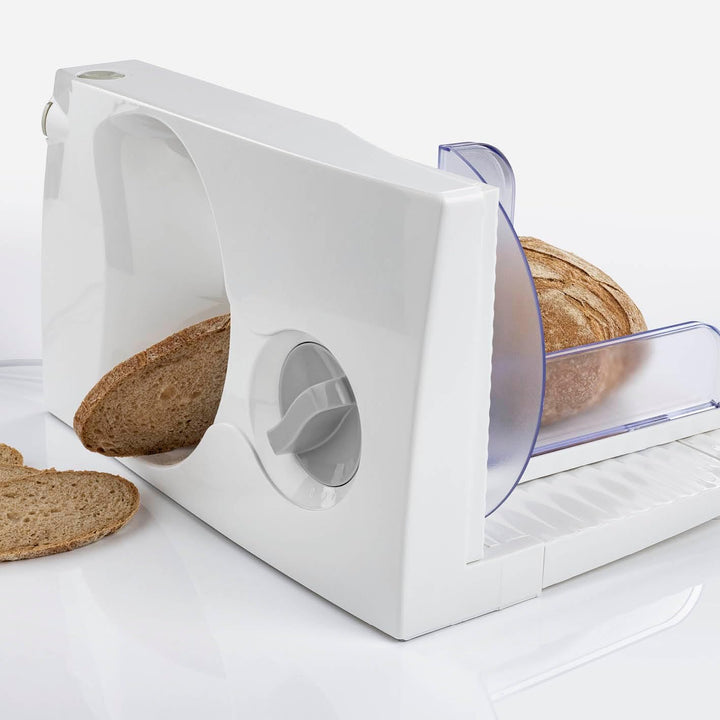 GOURMETmaxx Allesschneider 150W Weiss | Elektrisch mit Edelstahl-Klinge & Fingerschutz | Für Brot, W