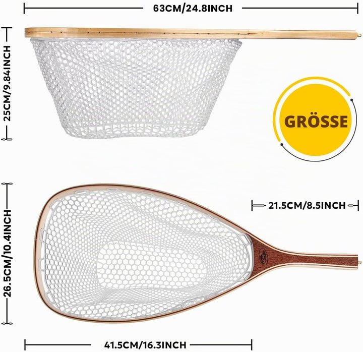 SF Fliegenfischen Kescher Holz Rahmen Weiches Gummimaschen-Forellennetz Fang-und Freigabe Netz Klein