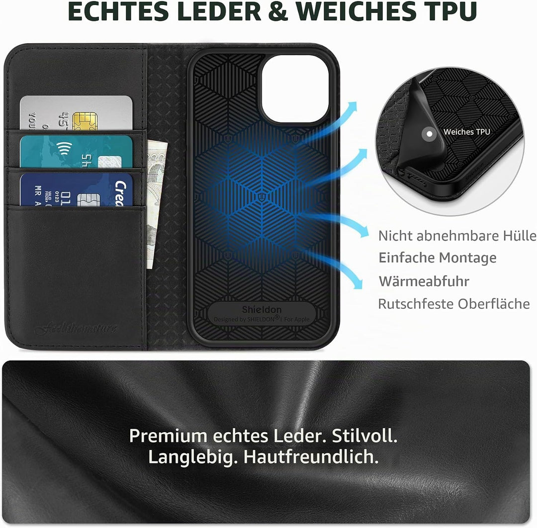 SHIELDON Hülle für iPhone 13 Mini Handyhülle [Erstklassiges Echtleder] [Schützt vor Stoss] [Kartenfa