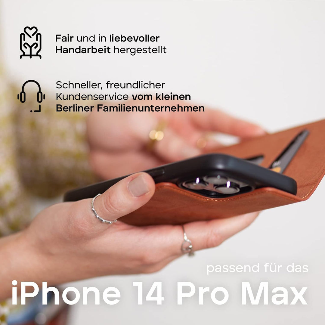 WIIUKA Hülle für iPhone 14 Pro Max, Leder aus Deutschland, mit Kartenfach, extra Dünn, Handyhülle mi
