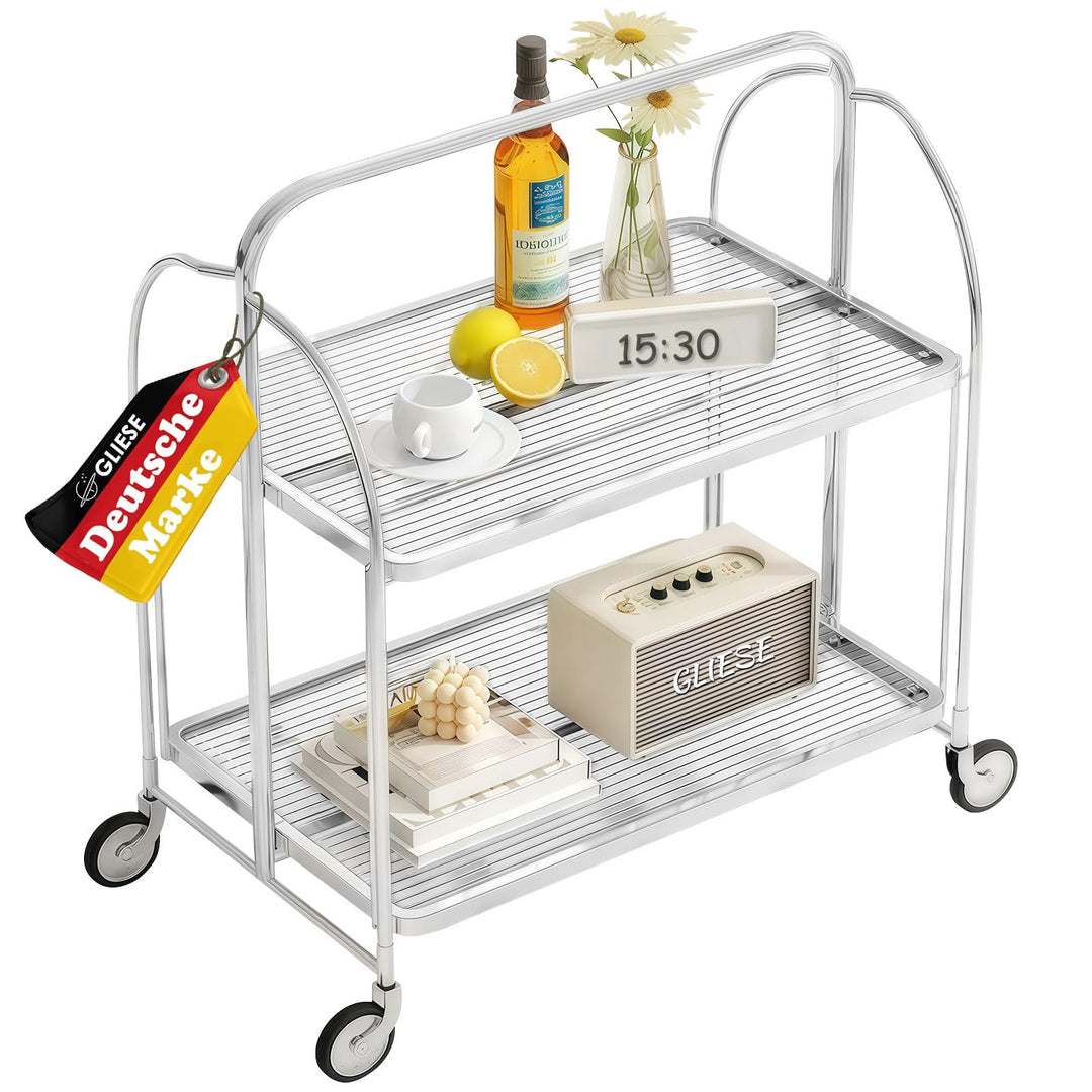 GLIESE Servierwagen Klappbar Mit Rädern,2 Tier Clear Tempered Glass,Mobiler Aufbewahrungs-Klappwagen