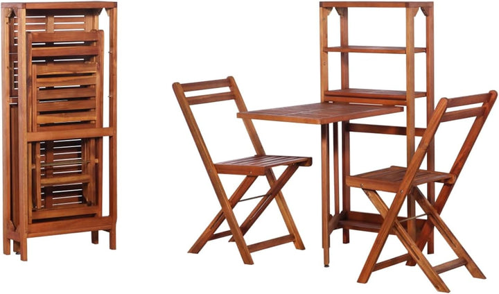 Tidyard Bistro-Set 3-TLG. Massiveholz Sitzgruppe, inkl 1 Lagerregal und 2 Klappstühle, Gartenm?Bel B