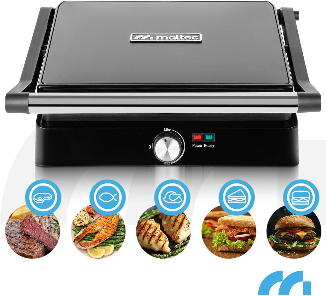 MalTec Kontaktgrill - Einstellbare Temperatur 180° aufklappbar. Grosse Grillfläche und hohe Power-Le