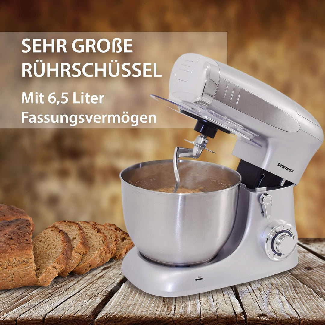 Syntrox Germany KM-1300W Silver de Luxe Küchenmaschine Knetmaschine Mixer mit Fleischwolf, Edelstahl