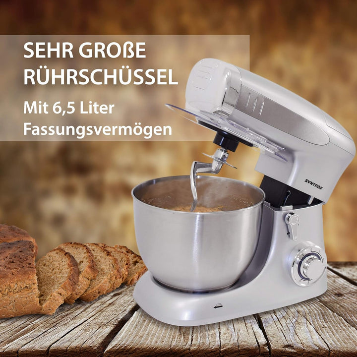 Syntrox Germany KM-1300W Silver de Luxe Küchenmaschine Knetmaschine Mixer mit Fleischwolf, Edelstahl