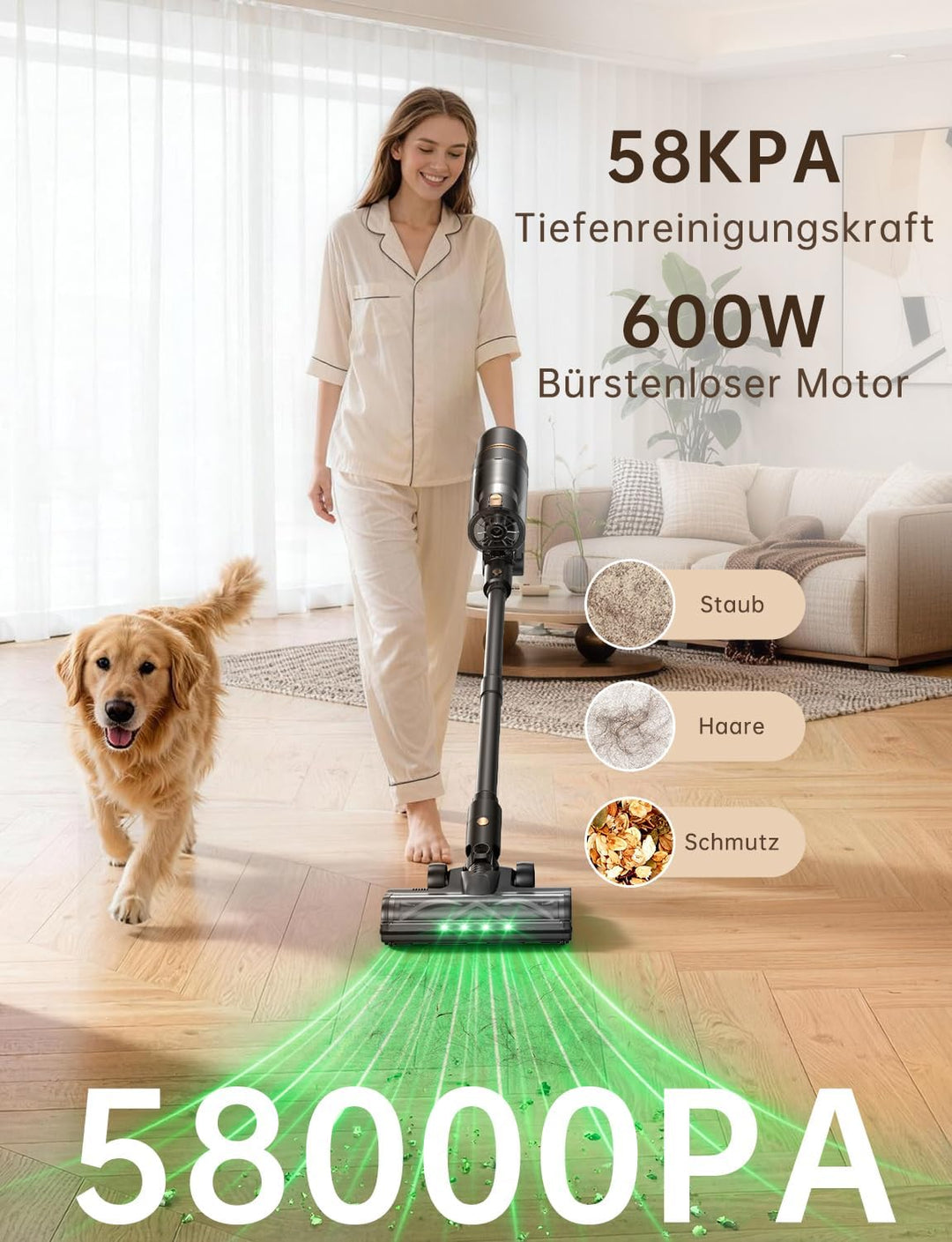 OXVAC Akku Staubsauger kabellos 58KPa/70Min/600W Smart Display 1,8L Behälter HEPA-Abstreifer selbsts