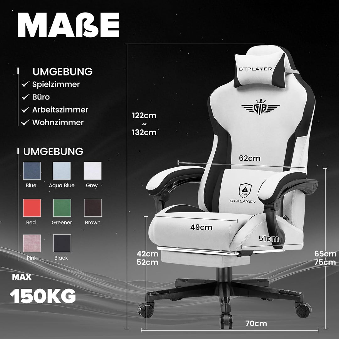 GTPLAYER Gaming Stuhl, Ergonomischer Gamer Stuhl aus Stoff mit Lendenwirbelstütze, PC-Stuhl mit verb