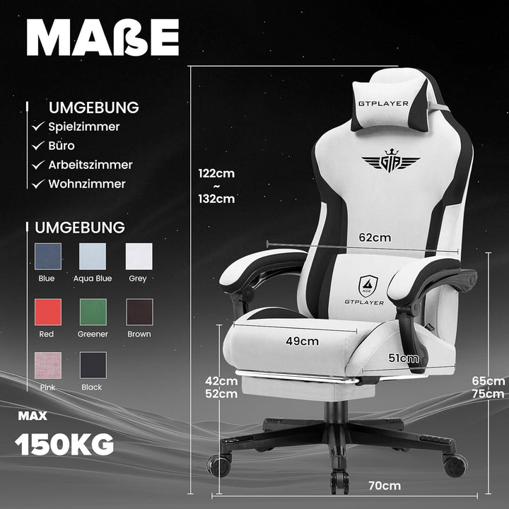 GTPLAYER Gaming Stuhl, Ergonomischer Gamer Stuhl aus Stoff mit Lendenwirbelstütze, PC-Stuhl mit verb