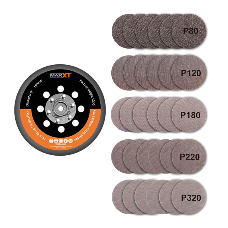 MAXXT 150mm Hook & Loop DA Sander Backing Plate Pad and 30pcs sandpaper, for MAXXT Brushless Orbit S