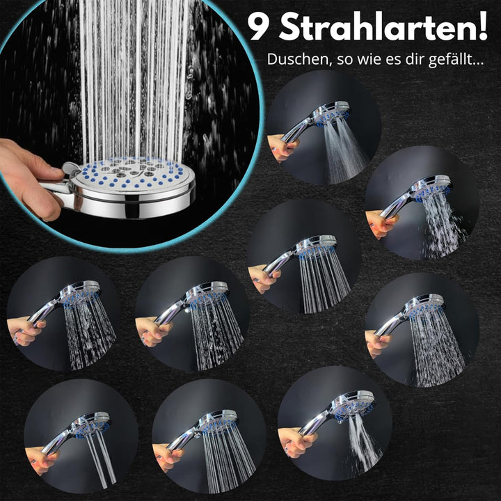 Duschkopf Energy Rain mit 9 Strahlarten, Hochdruck Duschkopf wassersparend, Duschbrause, Handbrause