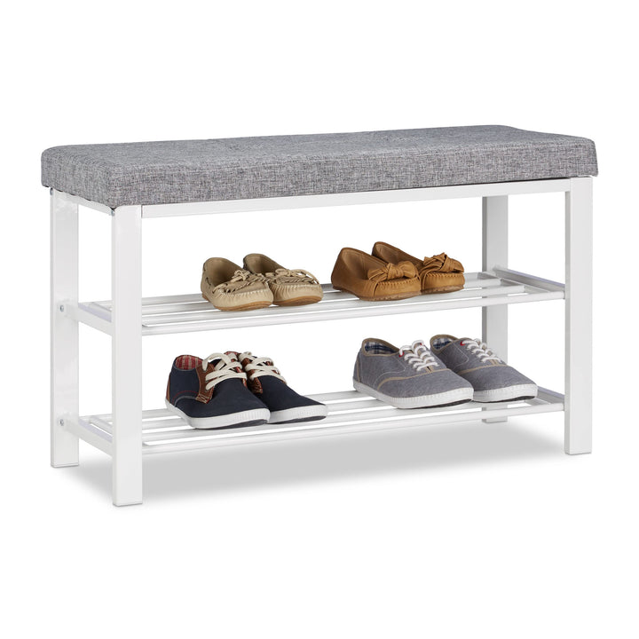 Relaxdays Schuhbank, gemütliches Sitzpolster mit Stoffbezug, offen, 2 Ebenen für Schuhe, Metall, HBT