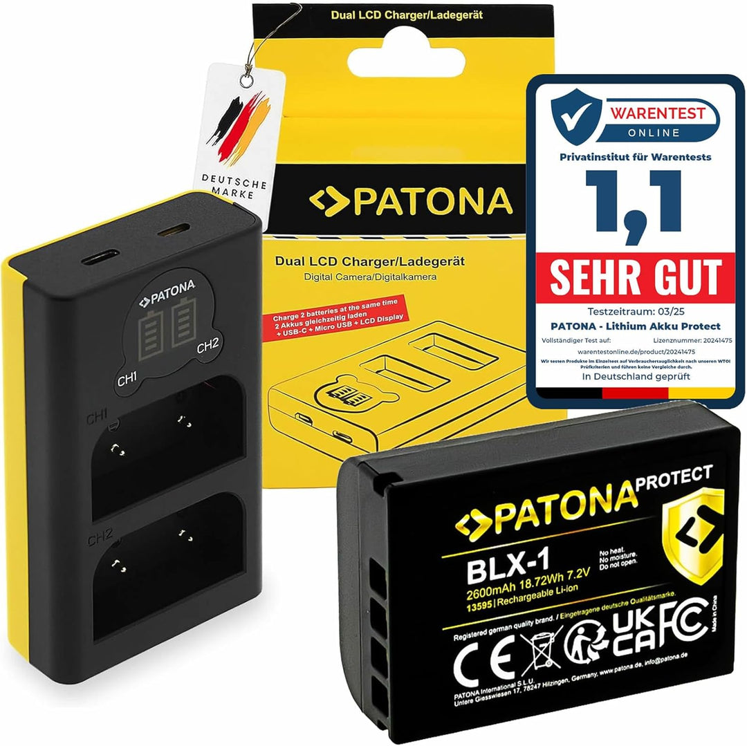 PATONA V1 Protect Akku BLX-1 (2250mAh) inkl. NTC-Sensor und V1 Gehäuse - mit USB LCD Ladegerät (1713