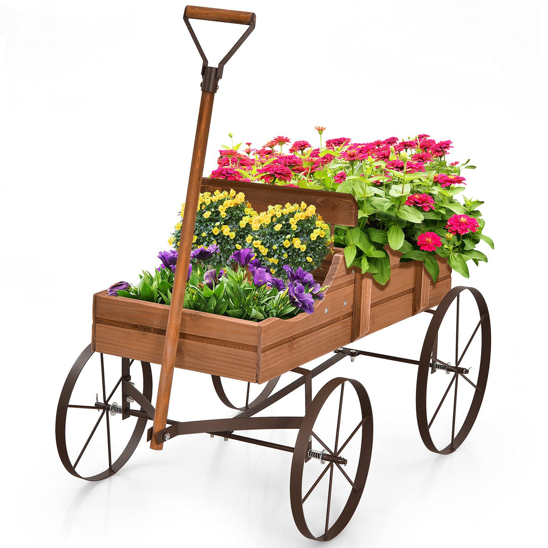 RELAX4LIFE Blumenständer mit 4 Rädern aus Metall, Pflanzwagen aus Massivholz, Holzwagen bis zu 15 kg