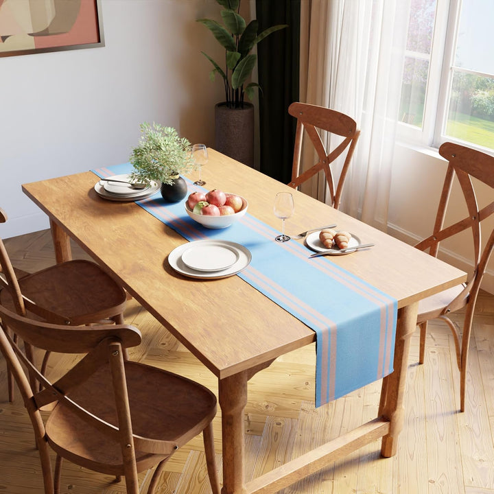 Encasa Tischläufer aus Gerippter Baumwolle für 4 to 6 Seater mit Leiter blau und Grösse Gross 32x183