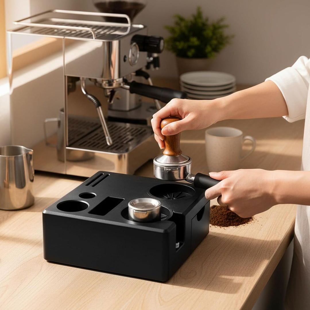 Espresso Tamperstation, Höhenverstellbar 51-58 mm, Kaffee Tamping Station aus ABS für Aufbewahrung v
