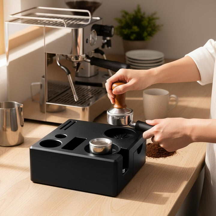 Espresso Tamperstation, Höhenverstellbar 51-58 mm, Kaffee Tamping Station aus ABS für Aufbewahrung v