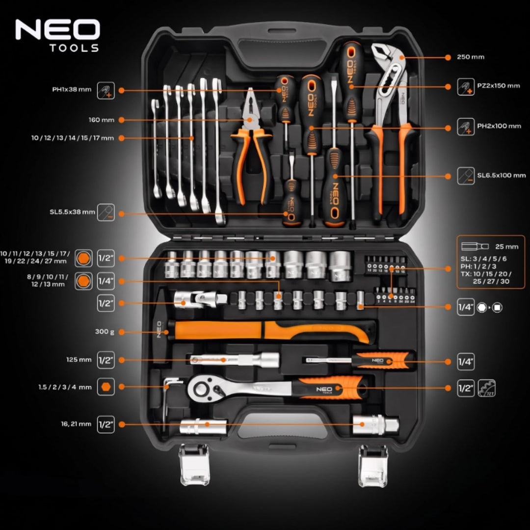NEO TOOLS Universal Werkzeugkoffer 56-teilig mit Ratsche und Stecknüssen | CrV- und S2-Stahl; 72-Zah