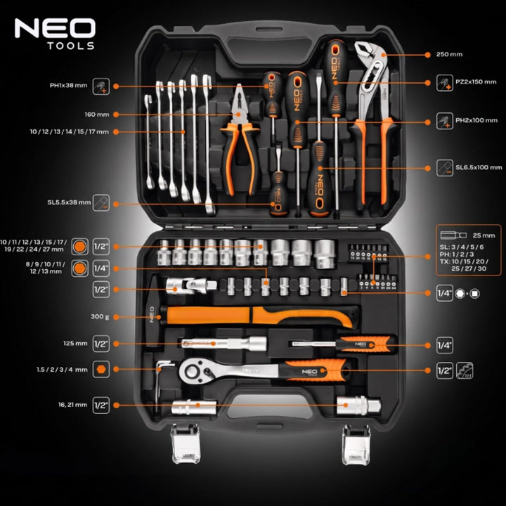 NEO TOOLS Universal Werkzeugkoffer 56-teilig mit Ratsche und Stecknüssen | CrV- und S2-Stahl; 72-Zah