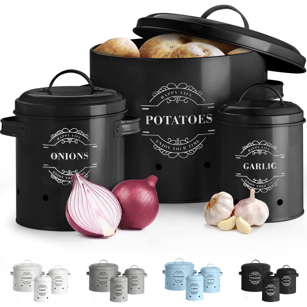 Virklyee Kartoffeltopf, Zwiebeltopf und Knoblauchtopf Belüftet Vorratsbehälter Set, Set of 3 Die per