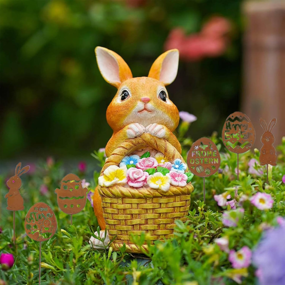 15PCS Osterhasen Gartenstecker,Frühlingsdeko Osterhase Rost Deko,Gartenstecker Ostereier,Osterhasen