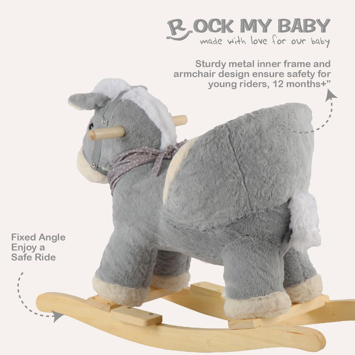 Plüsch Rocking Horse - weicher gefüllter Körper, Sicherheitssitz Stuhl, Holz Rockers, Musikknopf - K