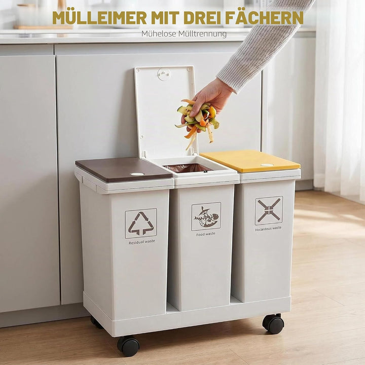 Mobiles Mülleimer Küche 3 x 12 L mit Rollen Mülltrennsystem 3 Fächer mit Druckdeckeln für Zuhause un
