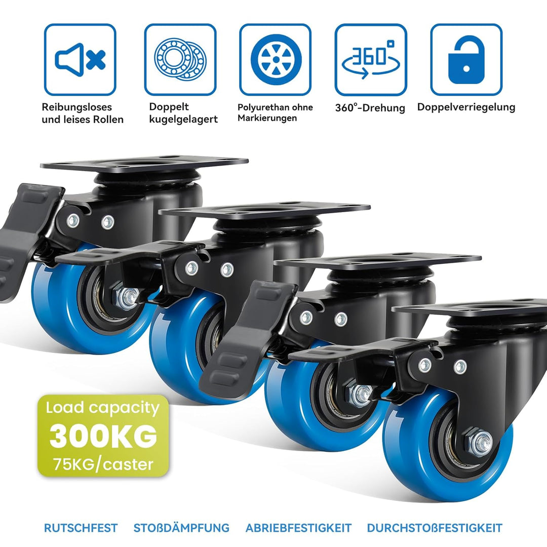 50mm Blaue Möbelrollen - 4er Set Lenkrollen bis 300KG Industrierollen mit Bremsen inklusive Montagez
