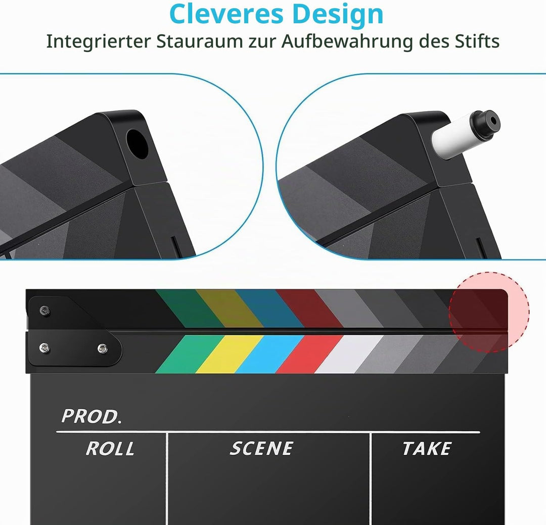 Temery Filmklappe, 30X25cm Regieklappe Synchronklappe Clapperboard mit 2 Pinsel, Leicht Abzuwischend
