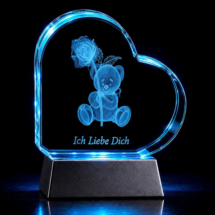 Kaltner Präsente Geschenkidee – Herz aus Glas: Kristallglas mit 3D-Laser-Gravur Teddy Rose/Ich Liebe
