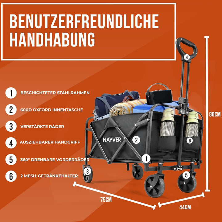 Faltbarer Bollerwagen Camping Trolley Handwagen | Bis 80kg Tragkraft, 60L Volumen, 360° Rädern, 600D