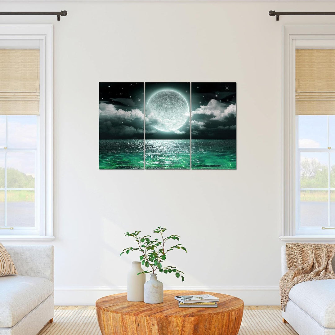 Runa Art Wandbilder Vollmond Meer Bild XXL Wohnzimmer Schlafzimmer Grün Grau Panorama 120 x 80 cm 3