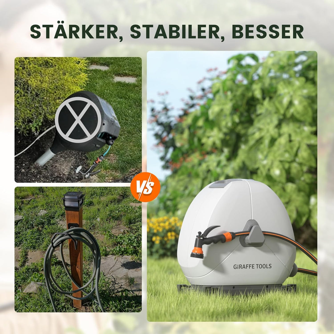 Giraffe Tools Ausziehbare Schlauchtrommel mit 25 m, robuste Bodenmontage, Gartenschlauchtrommel, mit