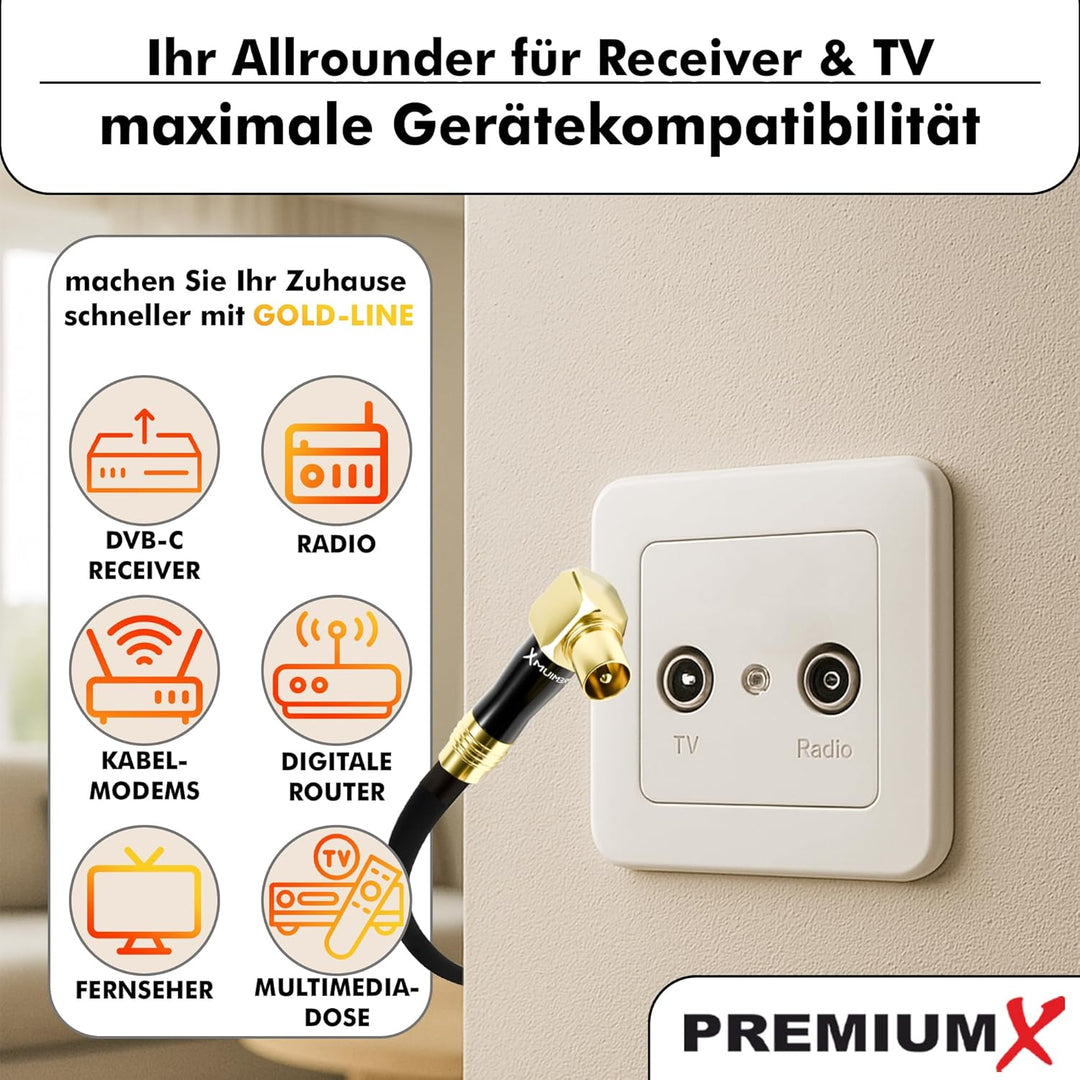 Premium X 7,5m Gold-Line TV Antennenkabel Schwarz Koax-Anschluss IEC Stecker - IEC Buchse 90° gewink