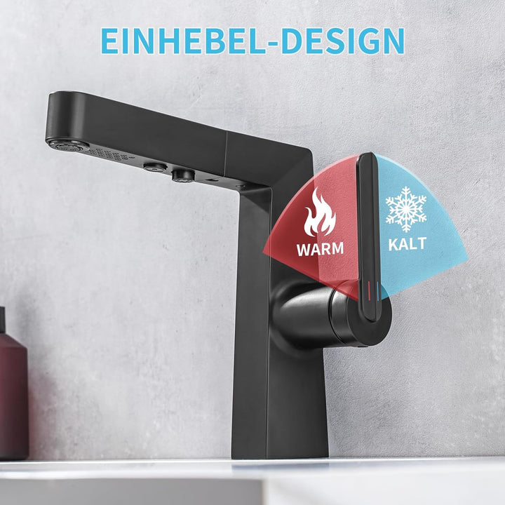 EAARSUO Waschtischarmatur Ausziehbar für Waschbecken mit 1 Loch, Einhebel-Armatur Badezimmer mit 2 M