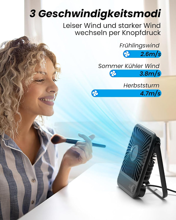 Koonie USB Tischventilator, Mini Tischventilator, 3 Geschwindigkeiten & 180°Einstellbar, Ruhig-35dB,