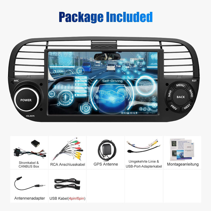 ESSGOO 4+64G Wireless Autoradio Android 14 mit Carplay und Android Auto Für FIAT 500 2007-2015 mit 7