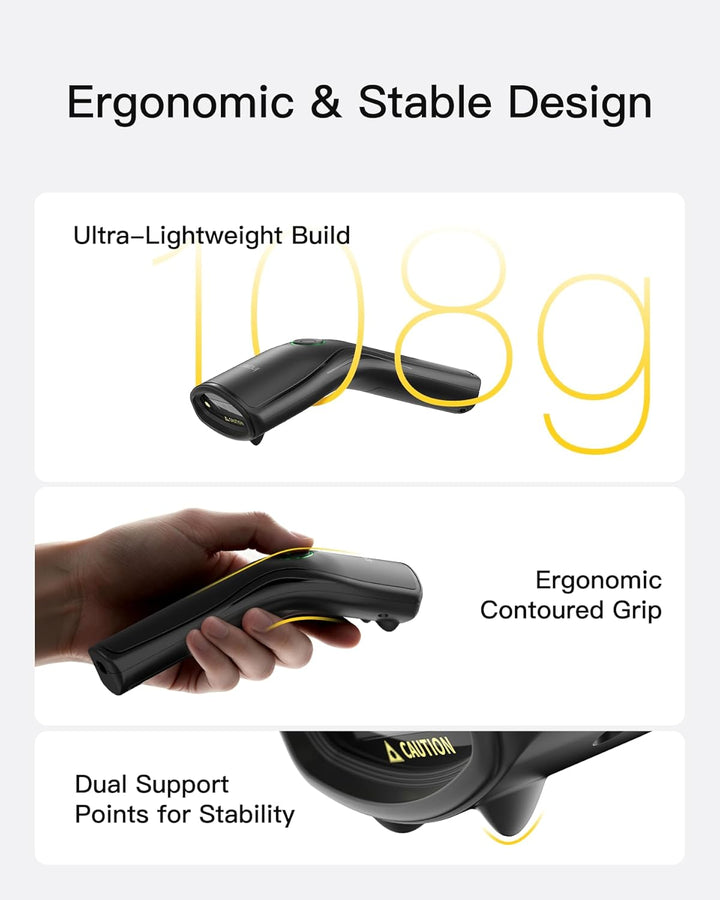 Inateck Leicht Barcode Scanner 2D Bluetooth, mit USB und 2.4G Kabellos | QR Code Scanner mit Abnehmb