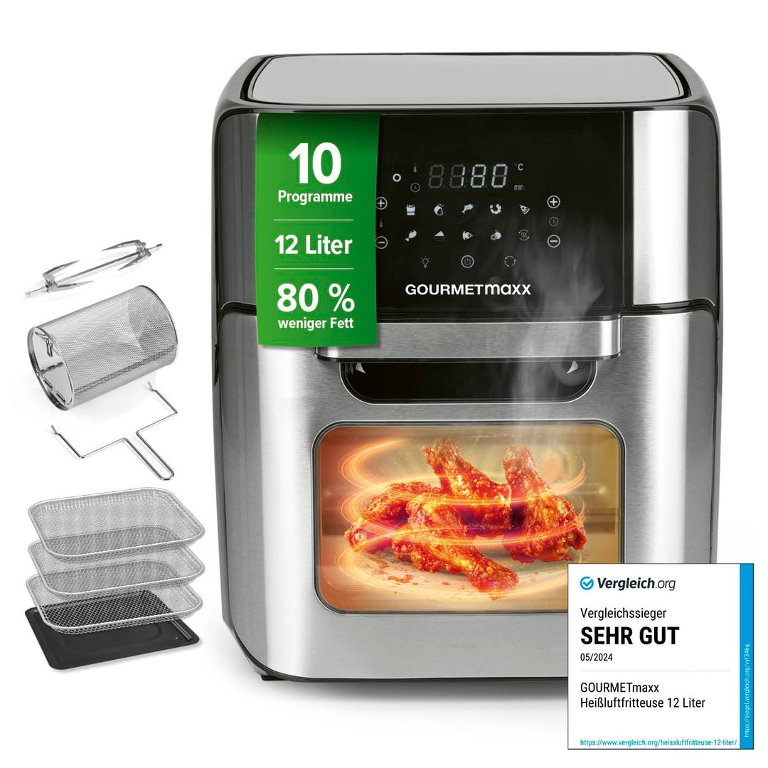 GOURMETmaxx Digitale XXL Heissluftfritteuse 12 Liter | Frittieren ohne Fett, Zubehör ist spülmaschin