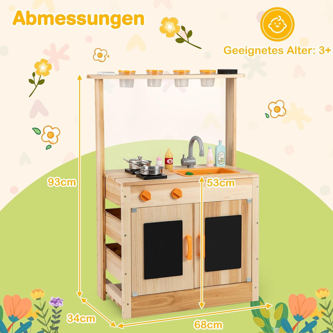DREAMADE Matschküche Kinder Outdoor, Kinderküche mit Tafel & Acryl-Tafel & Pflanzentöpfen & Herd & S
